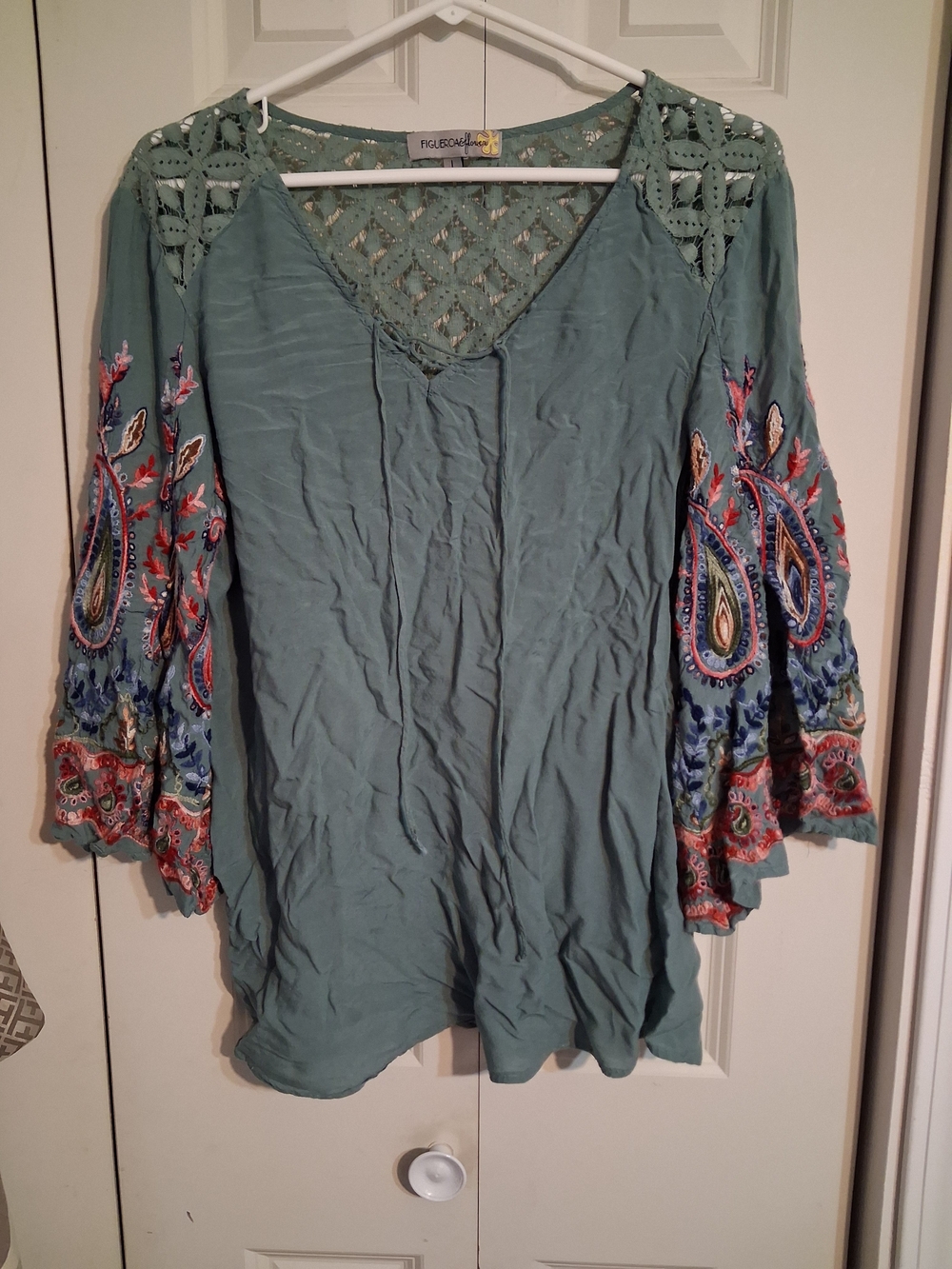 FIGLEAVES Sage Green Embroidered Crochet Yoke Tunic